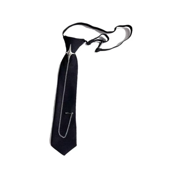 Punk Crosses Pin Chain Tie for School Campus Uniform Adjustable Pre Tied Black Necktie for Students and Teens Adults