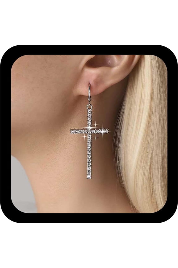 Punk Crystal Cross Hoop Earrings Rhinestone Cross Dangle Earrings Silver Cz Crucifix Huggie Earring Religious Crucifix Earring Protection Jewelry for Women(Style1)