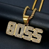 Punk Crystal Letter Boss Pendant Gold Color Long Cuban Chain 14K Yellow Gold Necklace Hip Hop Choker Jewelry for Men Women