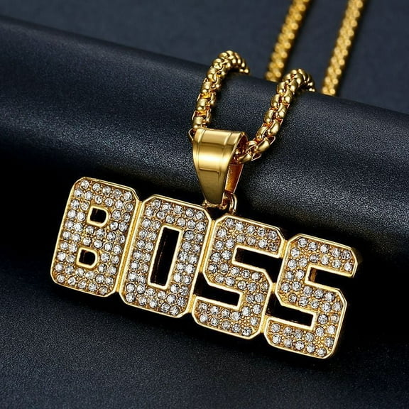 Punk Crystal Letter Boss Pendant Gold Color Long Cuban Chain 14K Yellow Gold Necklace Hip Hop Choker Jewelry for Men Women
