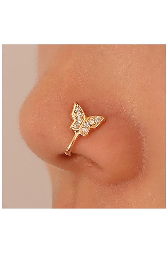Punk Crystal Nose Ring - Gold Paved Cz Butterfly Non-Piercing Hoop Rhinestone Nose Ring Jewelry for Women and Girls Gifts