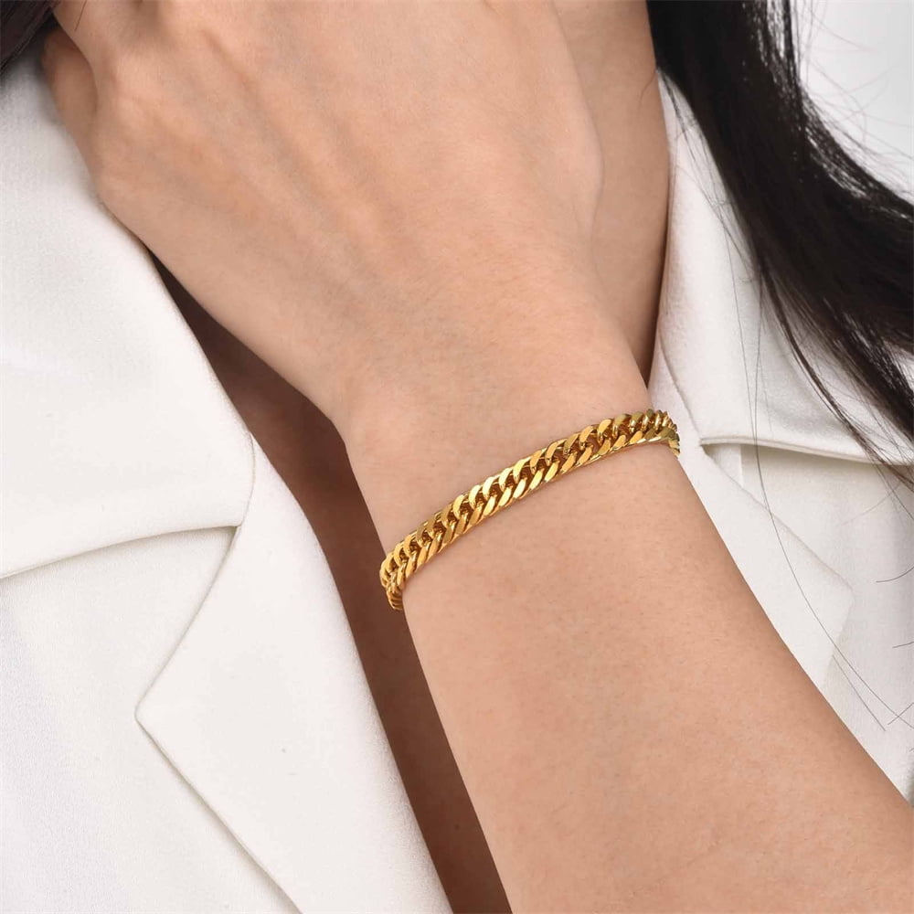 Punk Curb Cuban Link Chain Bracelet 6.5mm 14K Yellow GoldHand Chains For Men Women Fashion Party Jewelry Gift