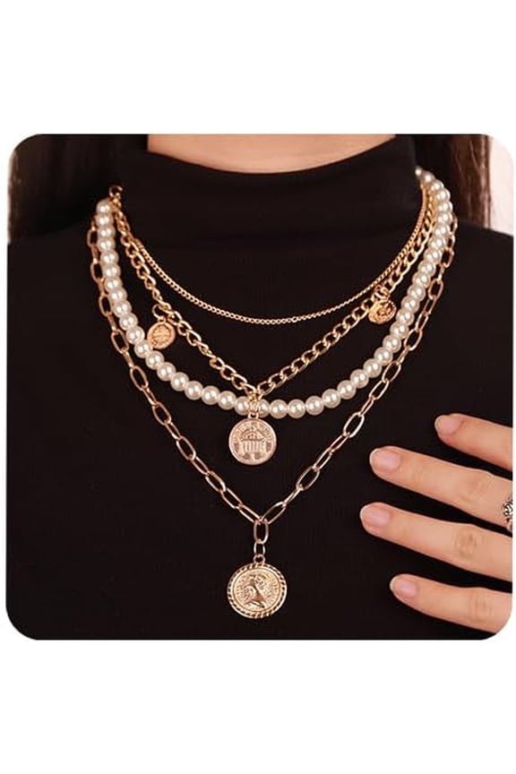 Punk Dainty Multilayered Gold Chain Choker Necklace Faux Pearl Strand Medallion Pendant Paperclip Link Chain Necklace for Women