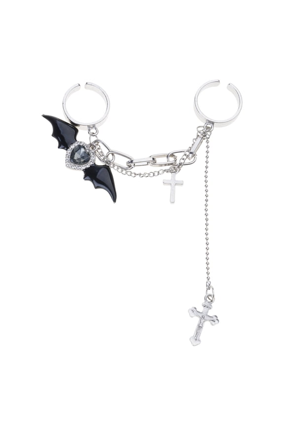 Punk Devil Crossed Chain Rings Loves Rhinestones Double Finger Rings Halloween Costume Accessories Hip Hop Jewelry