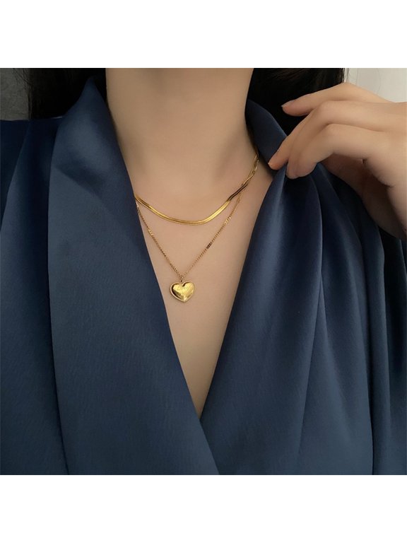 Punk Double Layer 14K Gold Filled Necklace for Women, Flat Snake Chain Choker with Love Heart Pendant Fashion Jewelry Christmas Gift