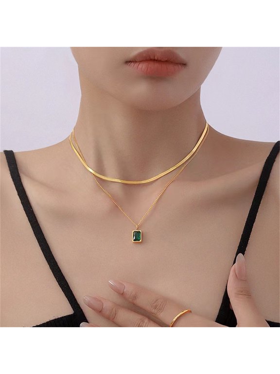 Punk Double Layer Flat Snake Chain Choker 14K Gold Filled Necklace for Women, Green CZ Pendant Fashion Jewelry Christmas Gift