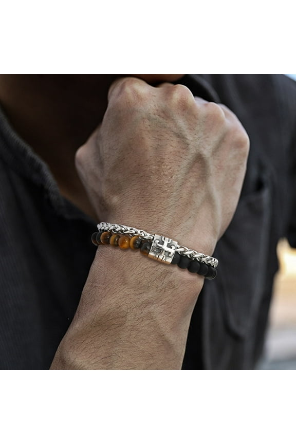Punk Double Layered Beaded 14K White Gold Bracelet for Men Boys,Matte Agate Tiger Eye Black Stone Bracelets,Hiphop Birthday Jewelry Gift