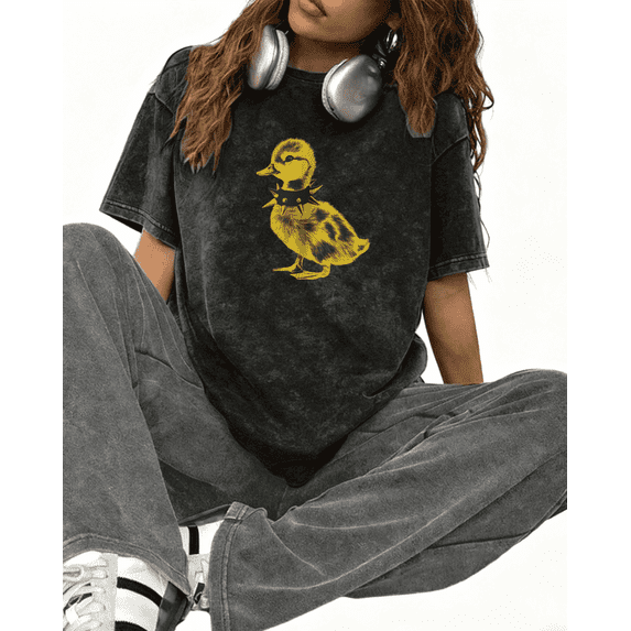 Punk Duckling Spiked Collar Graphic Tee T-Shirt Top Print Regular Fit Short Sleeve Round Neck Black S-2XL Plus Size