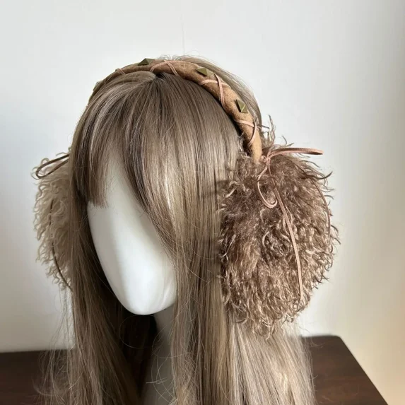 Punk Faux Hair Earmuffs Bow Tie Folded Winter Warm Thickened Anti-freeze Japanese Ear Protection Cycling Earbags Accessories (brown)