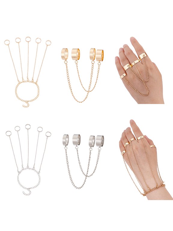 Punk Finger Ring Bracelet Vintage Gold and Silver Matching Chain Finger Rings Bracelet Gothic Punk Emo Cool Simple Rings Statement Stackable Rings