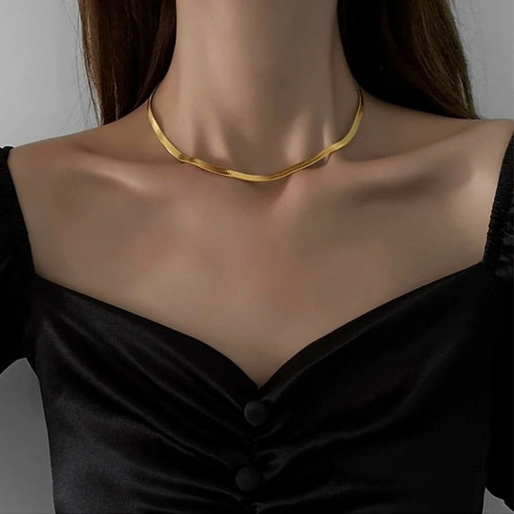 Punk Flat Snake Blade Chain Necklaces 14K Yellow Gold Choker Chains for Women on The Neck Jewelry Chocker