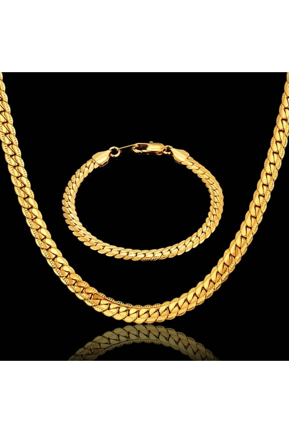 Punk Flat Snake Link Chain Set Male 14K Yellow Gold Necklace Bracelet Set For Men Vintage Jewelry Sets