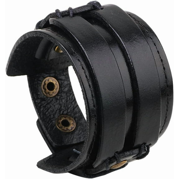 Punk Genuine Leather Cuff Bracelet Black Adjustable Cowhide Leather Wrap Wristband with Snap Button Clasp Wide Handmad Gothic Bangle Arm Armor for DIY