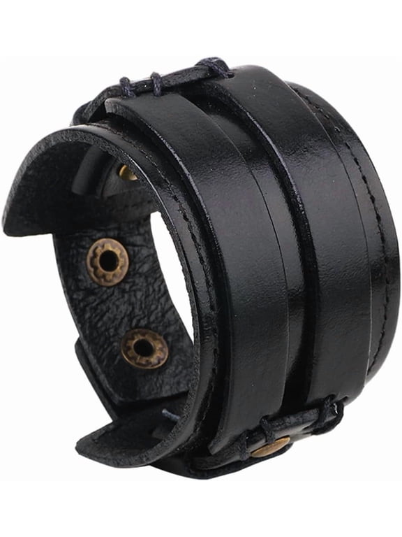 Punk Genuine Leather Cuff Bracelet Black Adjustable Cowhide Leather Wrap Wristband with Snap Button Clasp Wide Handmad Gothic Bangle Arm Armor for Men Women Costume Party