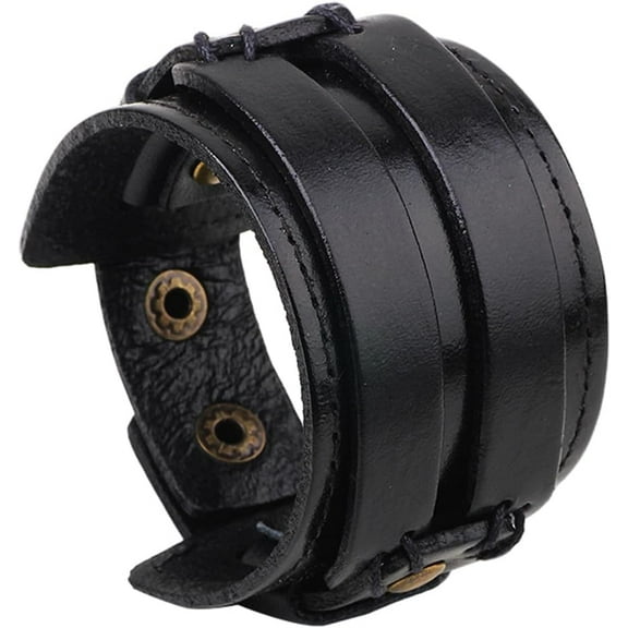 Punk Genuine Leather Cuff Bracelet Black Adjustable Cowhide Leather Wrap Wristband with Snap Button Clasp Wide Handmad Gothic Bangle Arm Armor for Men Women Costume Party