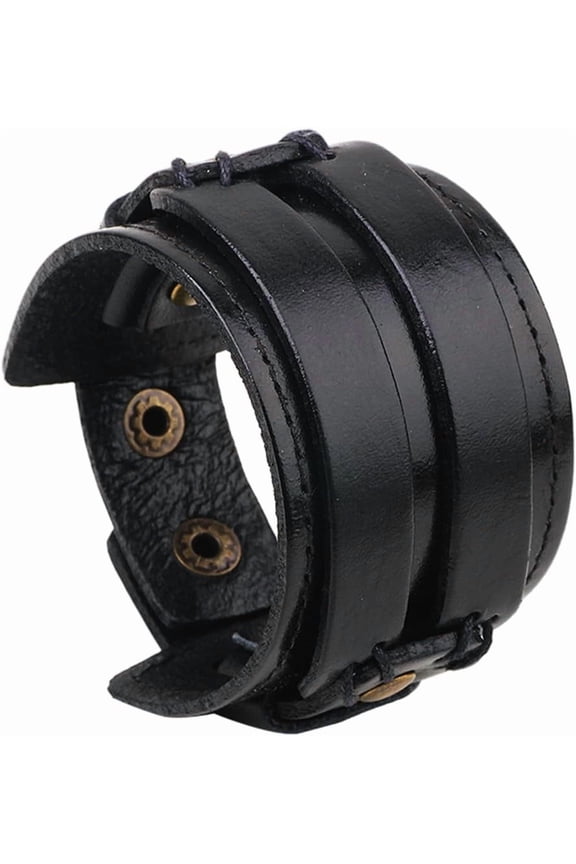 Punk Genuine Leather Cuff Bracelet Black Adjustable Cowhide Leather Wrap Wristband with Snap Button Clasp Wide Handmad Gothic Bangle Arm Armor