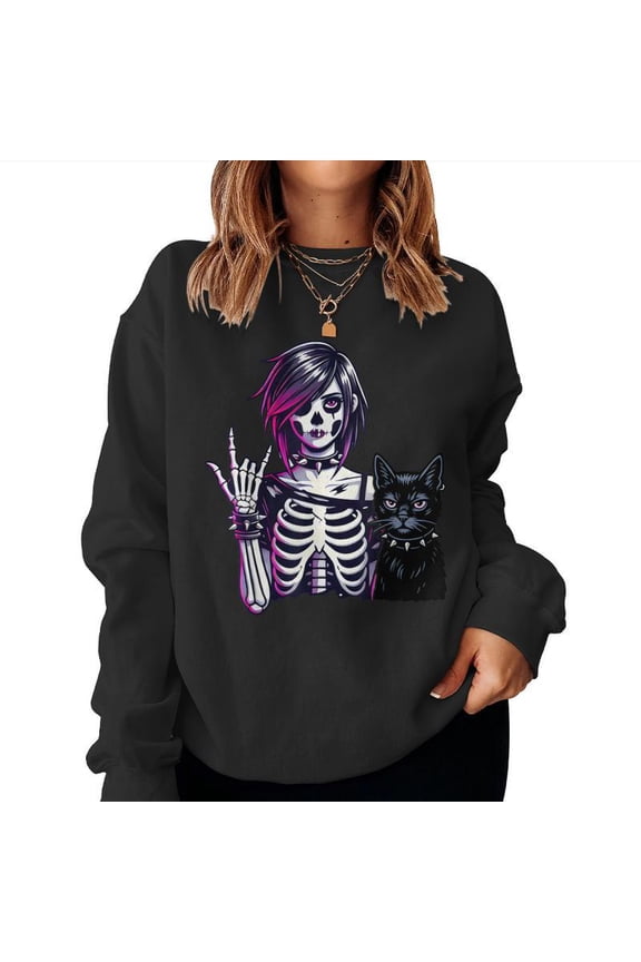 Punk Girl With Cat Goth Girl Cat Lover Emo Punk Skeleton Graphic Pullover Gift Sweatshirt, for men & women, up to size 5XL