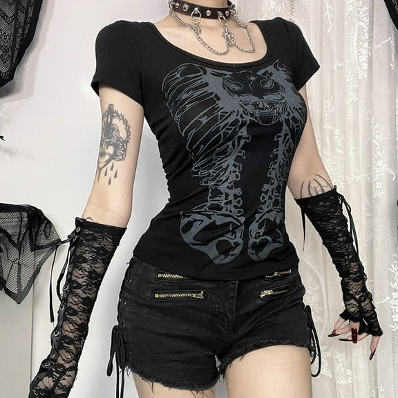 Punk Girls Club Hollow-out Summer Black Slim Skull Print T-Shirt Gothic Popular Visual Kei Sexy Cotton Tees Top
