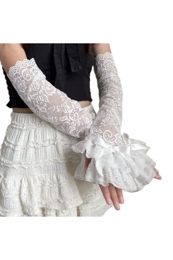 Punk Gloves Ruffled Lace for Halloween Party Fingerless Gloves for Bridal Dark Arm Sleeves Halloween Costume