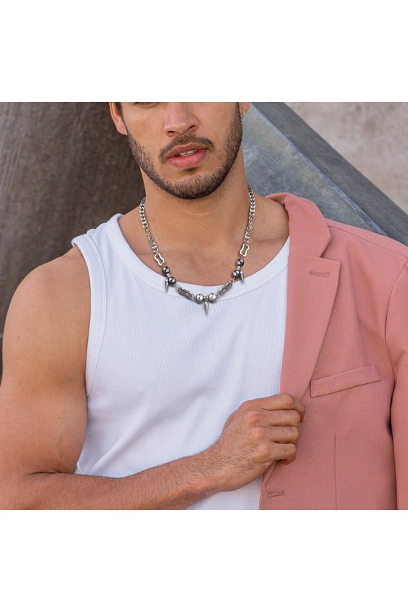 Punk Gothic Awl Charms Necklaces for Men 14K White Gold Chain Collars, Rock Fashion Jewelry