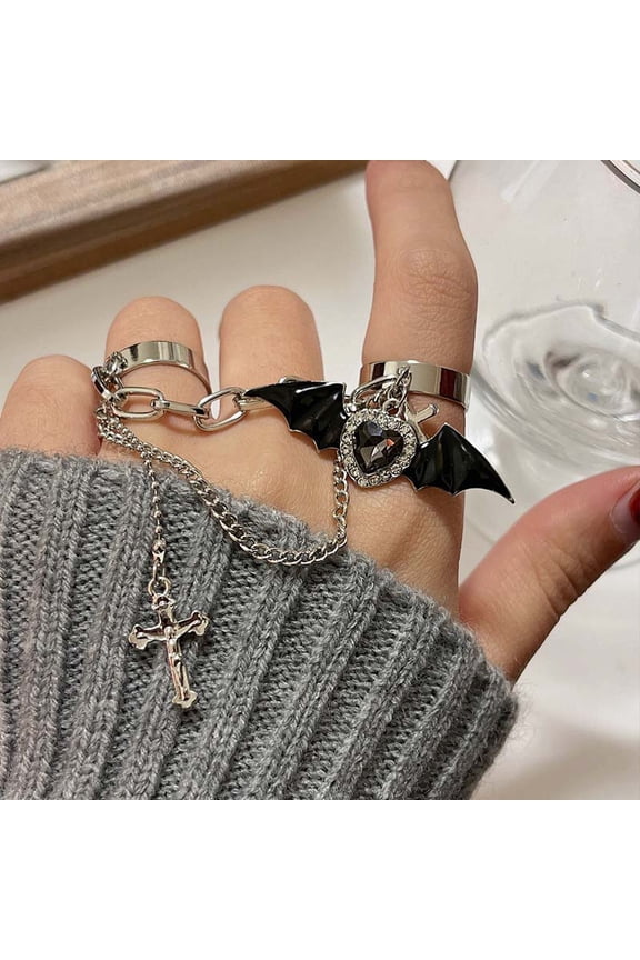 Punk Gothic Black Bat Wing Cross Chain Rings for Men Women Hip Hop Crystal Heart Cross Irregular Double Finger Rings Jewelry