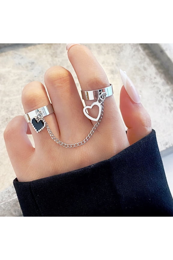 Punk Gothic Black Bat Wing Cross Chain Rings for Men Women Hip Hop Crystal Heart Cross Irregular Double Finger Rings Jewelry