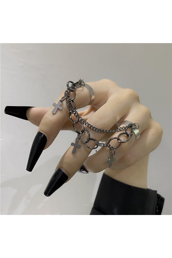 Punk Gothic Black Bat Wing Cross Chain Rings for Men Women Hip Hop Crystal Heart Cross Irregular Double Finger Rings Jewelry