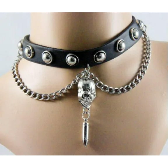 Punk Gothic Black Leather Choker Skull Chain Spike Rivet Buckle Collar Necklace