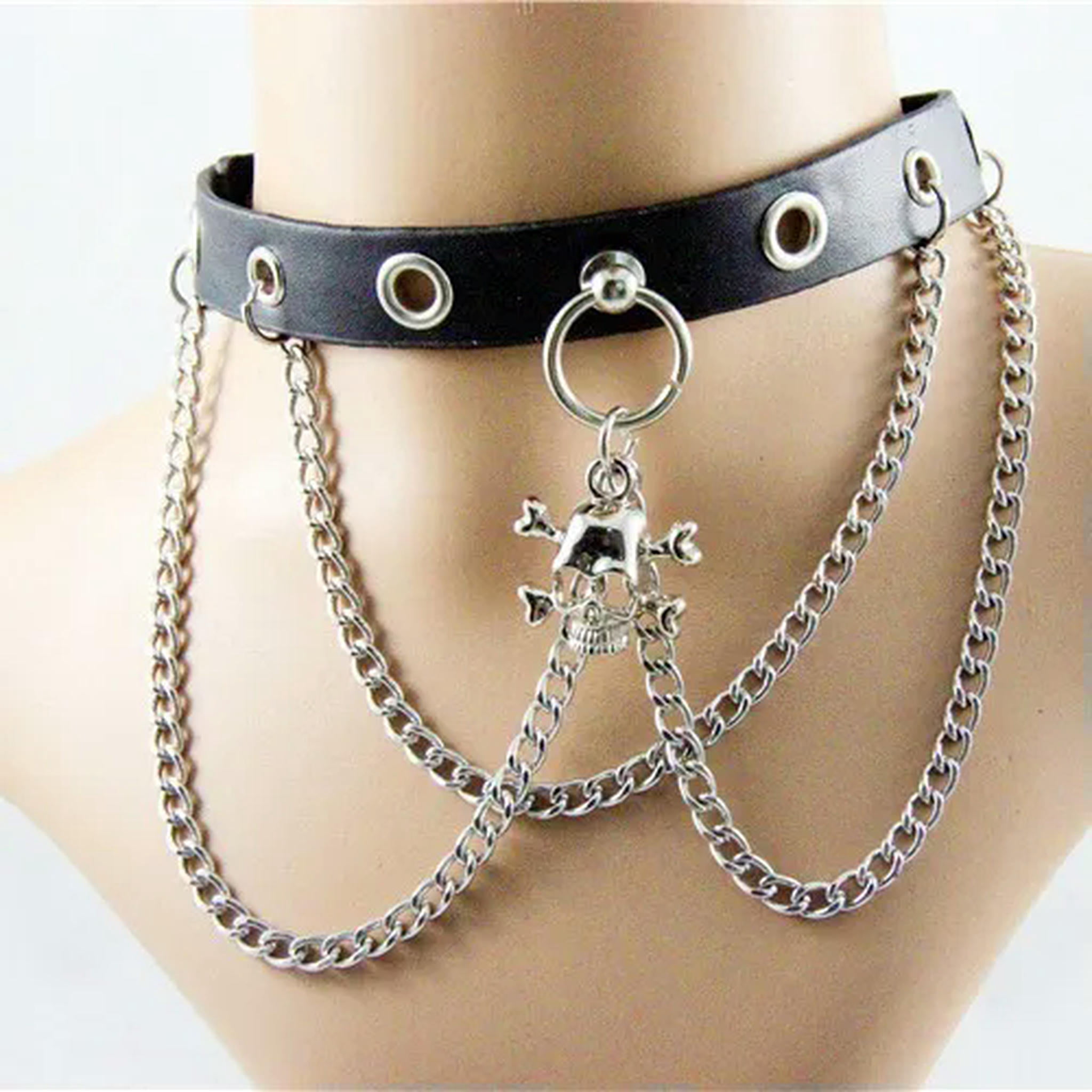Punk Gothic Black Leather Choker Skull Chain Spike Rivet Buckle