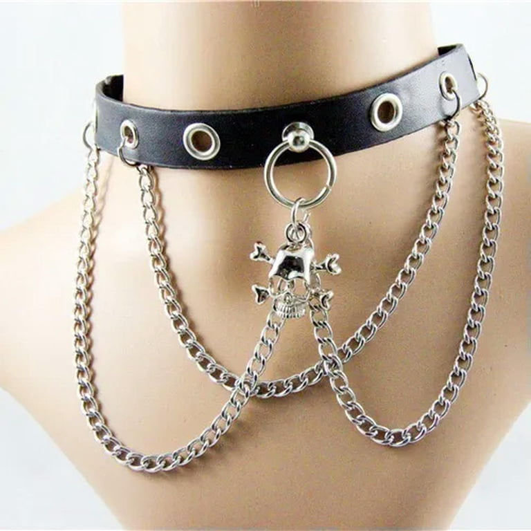 Punk Gothic Black Leather Choker Skull Chain Spike Rivet Buckle