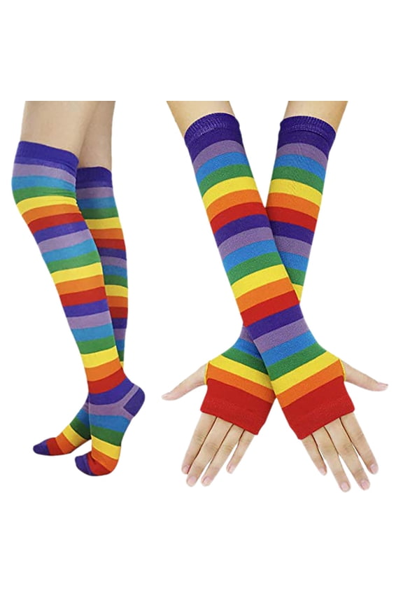 Punk Gothic Color Stripe Long Arm Warmer Fingerless Gloves and Socks Set, Women's Rainbow Socks and Gloves Combo, Edgy Fashion Design, CH001