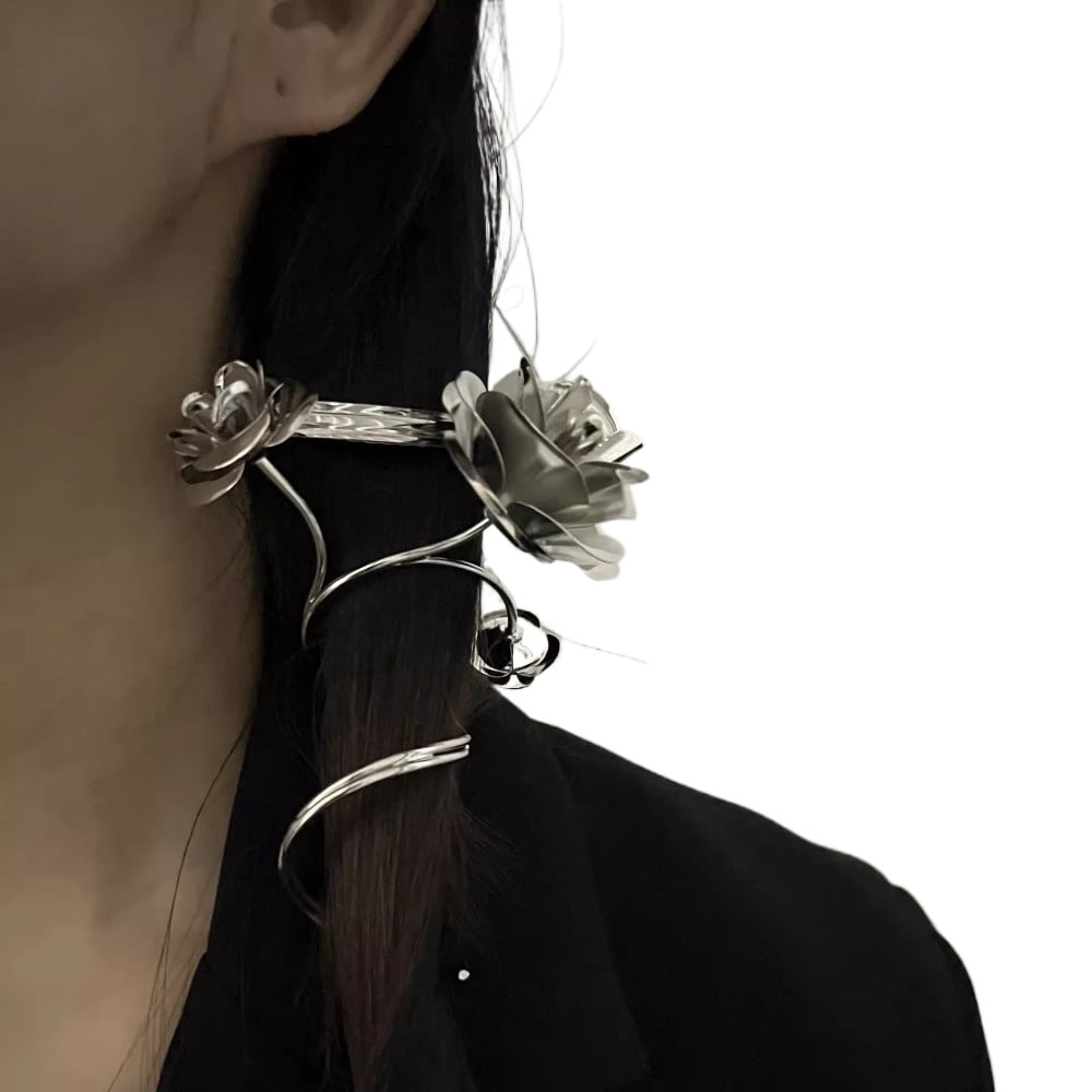 Punk Gothic Dark Alphabet Hair Clip Rose Flower Silver Metal Hair Accessories Personality Clip Ponytail Rose Wrap
