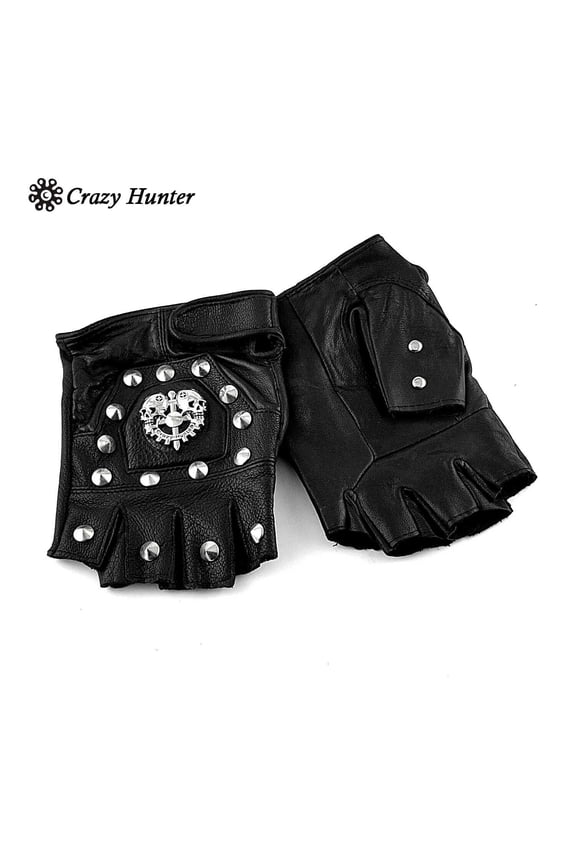 Punk Gothic Leather Pair Fingerless Biker Gloves With Skull studded For Men