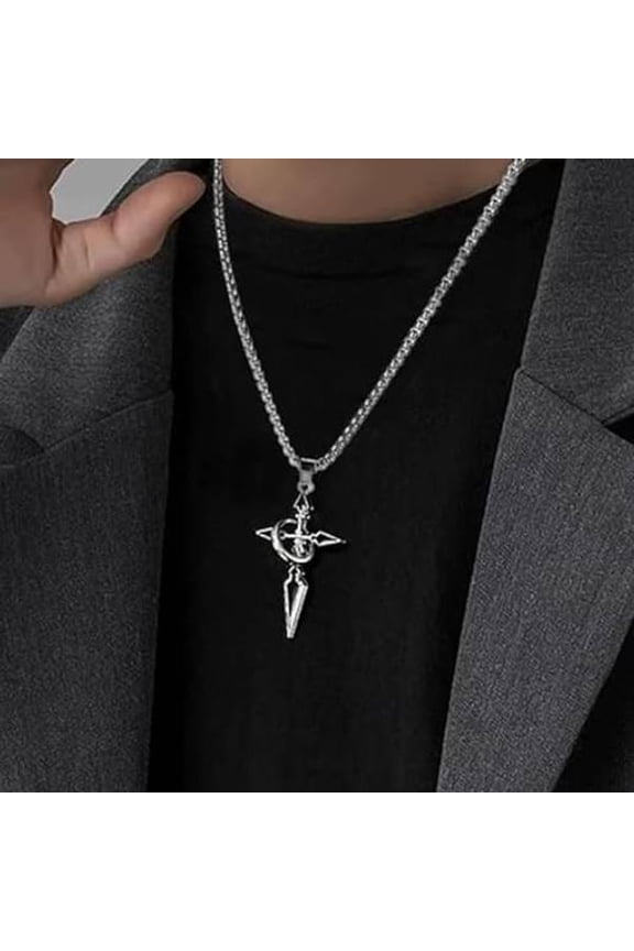 Punk Gothic Spiked Cross Necklace, Rotatable Black Enamel Stainless Steel