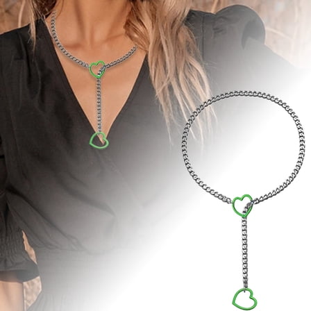 Punk Heart Lock Pendant Necklace Adjustable Cuban Link Long Chain Y Shape Jewelry for Women Stainless Steel Fashion Statement Accessory