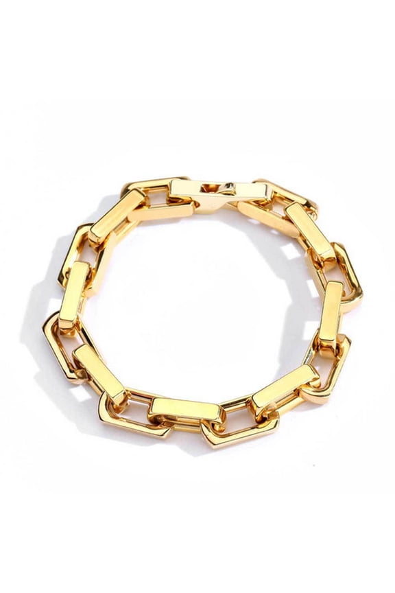 Punk Heavy Rectangular Link Chain 9mm Bracelets 21.5cm for Men Teens Boys, Vintage Oxidized Paperclip Chain Wristband, Chunky 14K Yellow Gold Jewelry