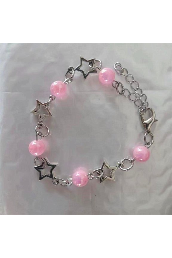 Womens Bracelet Five-Pointed Star Pearl Bracelet with Alloy Pendant Acrylic Pearl Chain and Natural Flower Design