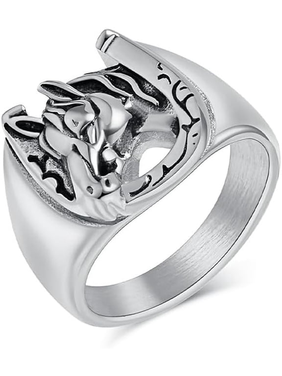 Punk Horseshoe Band Ring for Men Women Personalized Horse Head Lucky U-Shaped Horse Animal Ring Unique Cowboy Stainless Steel Biker Rocker Fashion Equestrian Jewelry Unisex Comfort Fit Bands