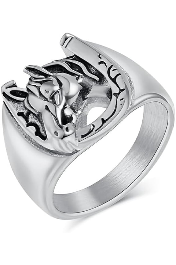 Punk Horseshoe Band Ring for Men Women Personalized Horse Head Lucky U-Shaped Horse Animal Ring Unique Cowboy Stainless Steel Biker Rocker Fashion Equestrian Jewelry Unisex Comfort Fit Bands