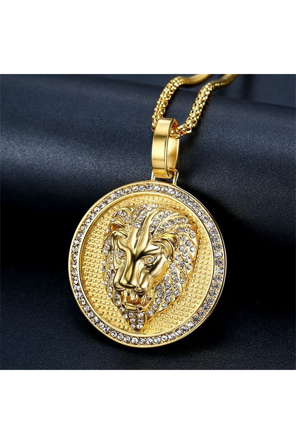 Punk Iced Out Bling Lion Head Pendants 14K Yellow Gold Animal Charm Round Necklace For Men Jewelry Male Gift New