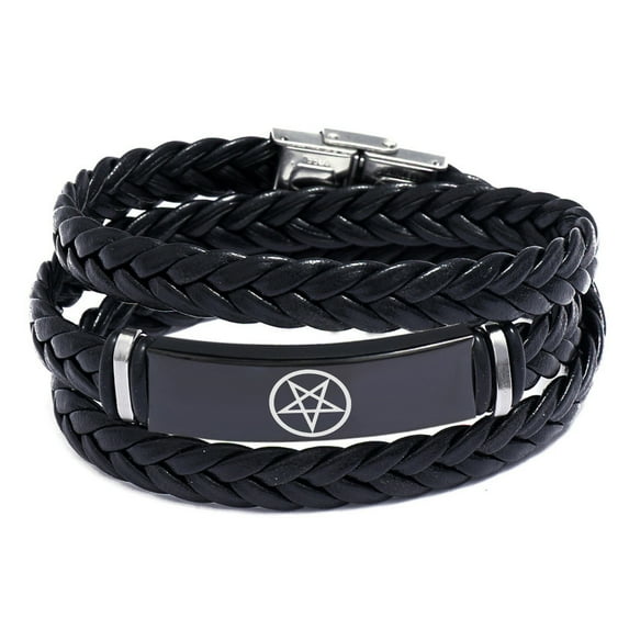 Punk Inverted Pentagram Pentacle Leather Bracelet for Men Women Biker Pagan Symbolic Wicca Bangle Cool Man Jewelry, Black