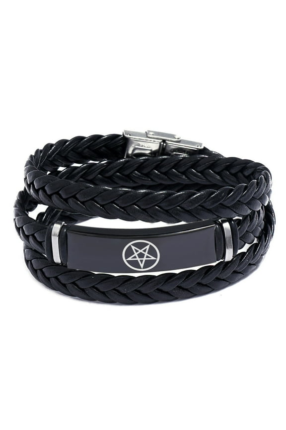 Punk Inverted Pentagram Pentacle Leather Bracelet for Men Women Biker Pagan Symbolic Wicca Bangle Cool Man Jewelry, Black