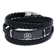 Punk Inverted Pentagram Pentacle Leather Bracelet for Men Women Biker Pagan Symbolic Wicca Bangle Cool Man Jewelry, Black