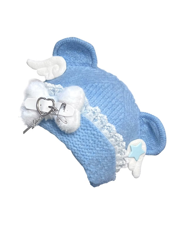 Punk Knit Cartoon Bear Hat with Lovely Ear and Bone for Outdoor Sports Furry Bone Oversized Headgear Hat for Winter