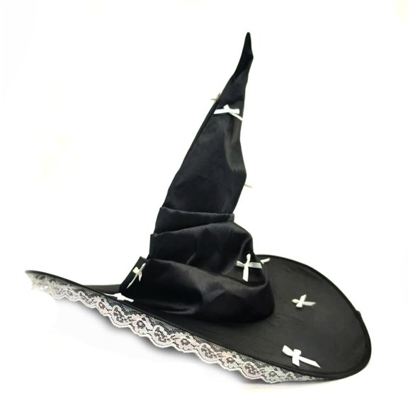 Punk Lace Trimmed Witch Hat with Ribbon Bowknot Decors for Costume Parties and Cosplay Event Gathering Headwear