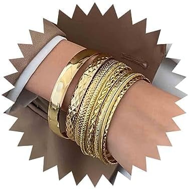 Punk Layered Bangle Bracelet Set Gold Chunky Bangle Cuff Bracelet Metal Cuff Bangle Multi Layer Textured Cuff Bracelet Chunky Hammered Cuff Bracelet Wide Cuff Hand Bracelet Jewelry for Women 10Pcs