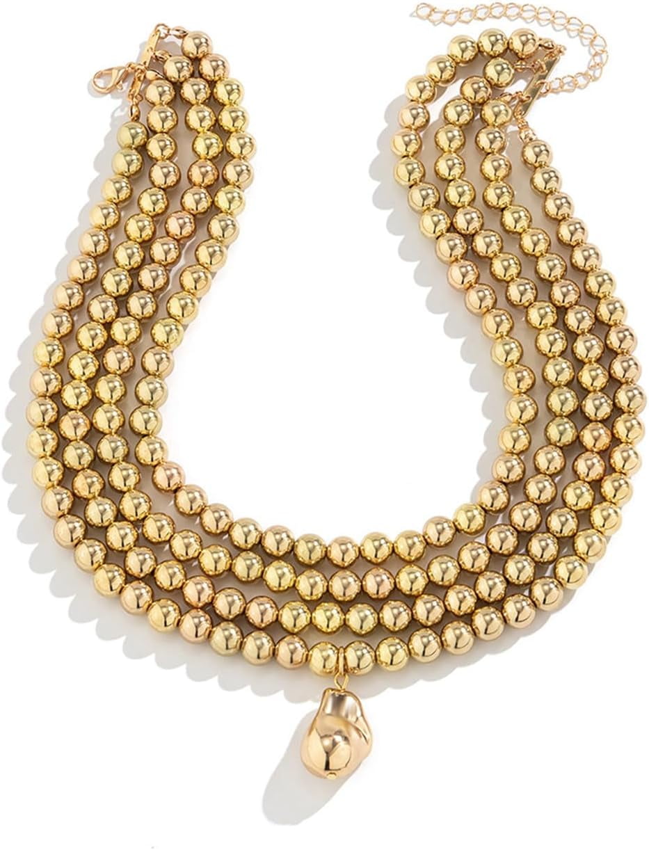 Punk Layered Bead Collar Necklace - Chunky Hip Hop Statement Choker For Women, Gold & Silver