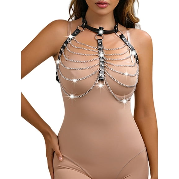 Punk Layered Harness Belt Body Chain Leather Chest Choker Chains Goth Rave Belly Adjustable Bra Top Party Waist Belt Accessories for Women Lady
