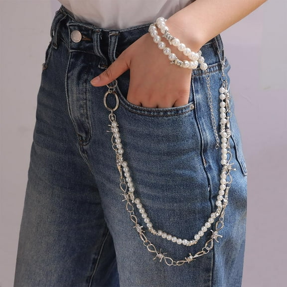 Punk Layered Pants Chain for Men Women Skull Wallet Chains Pearl Mango Jeans Chain Pocket Chains Gothic Key Chain for Pants