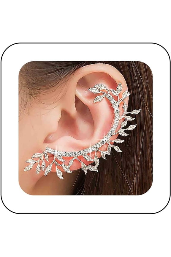 Punk Leaf Climber Cuff Earrings Silver Leaves Ear Cuff Earrings Cz Leaf Ear Wrap Earrings Crystal Leaf Earrings Leaves Ear Crawler Earrings Jewelry for Women